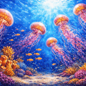 Glowing Jellyfish in Coral Reef