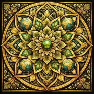 Evergreen Earth Mandala mandala wooden jigsaw puzzle with globe-shaped tabs