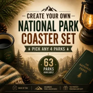 Create Your Own national park puzzle coaster set with 63 park options and compass needle-shaped tabs