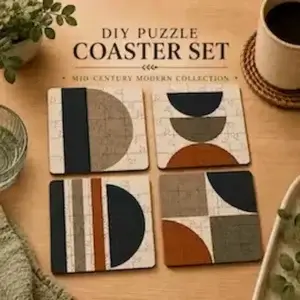 Mid-Century Modern jigsaw puzzle coaster set with atomic boomerang tabs