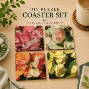 Flower Puzzle Coaster Set with floral watercolor artwork and tulip-shaped tabs