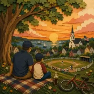 Opening Day Baseball baseball wooden jigsaw puzzle featuring a father and child watching a small-town baseball game at sunset